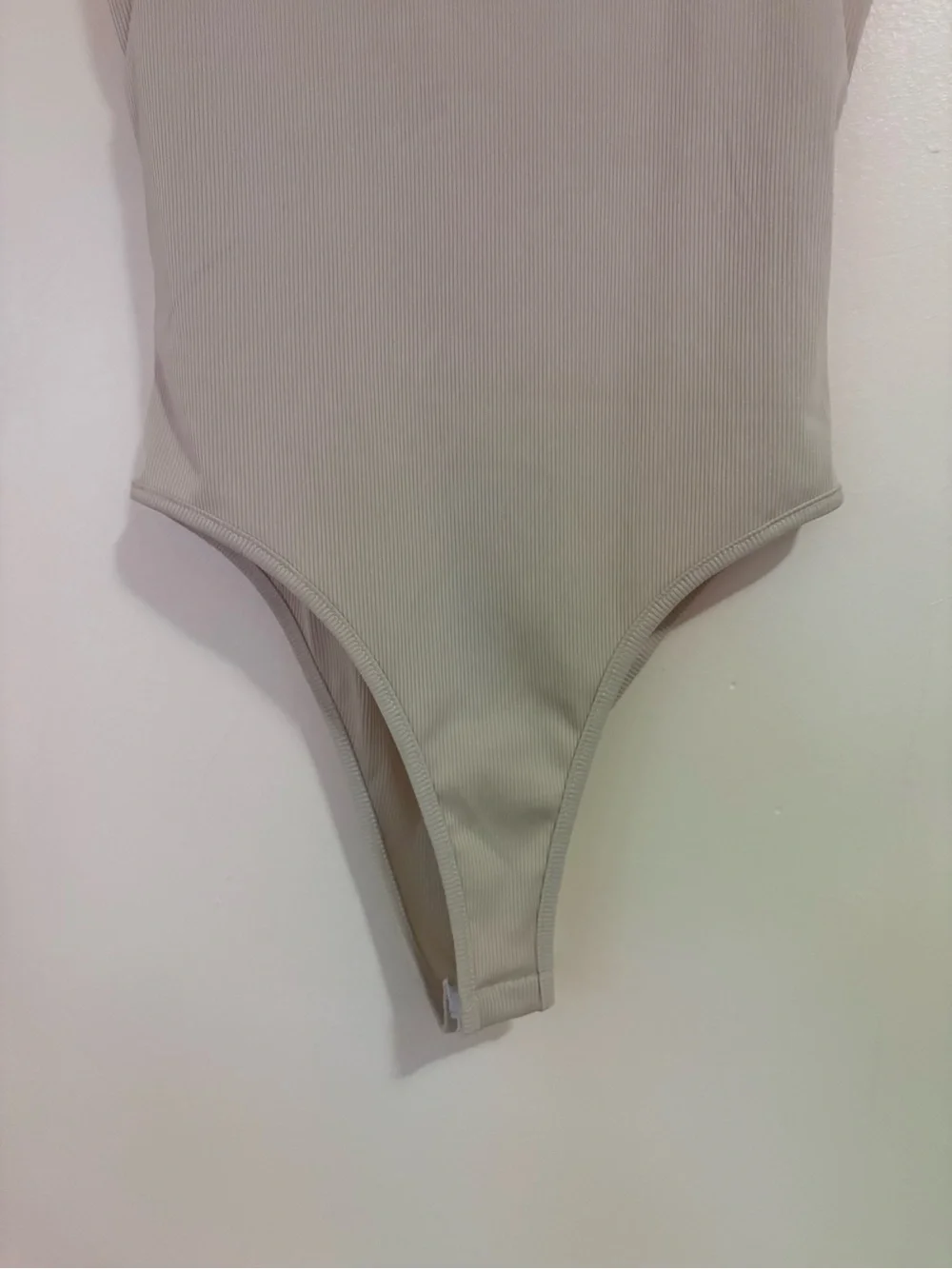Simple Basic Cream Ribbed One-Piece Bodysuit With Square Neckline - Medium
